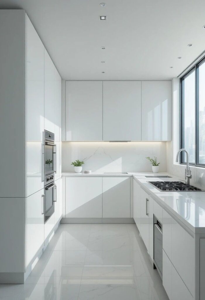 Sleek glossy white kitchen with handleless cabinets and integrated appliances for a modern look