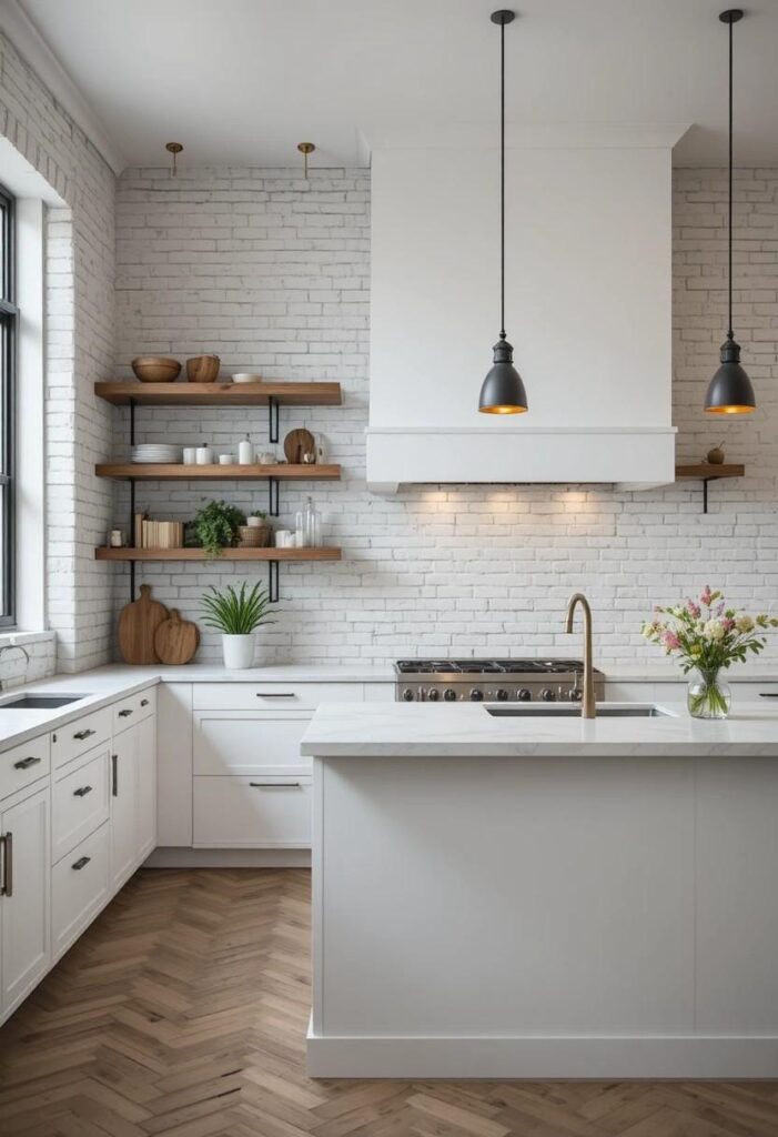 White kitchen with a whitewashed exposed brick wall adding raw texture and urban character