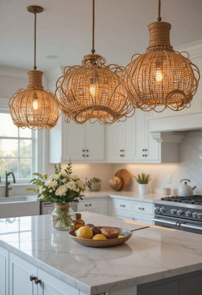 White kitchen with three rattan pendant lights above a marble island creating a warm golden glow