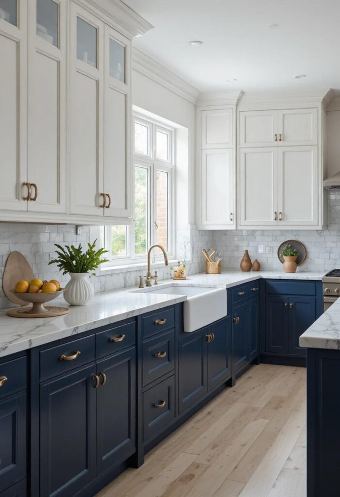 Two tone kitchen with white upper cabinets and deep navy lower cabinets with brass hardware