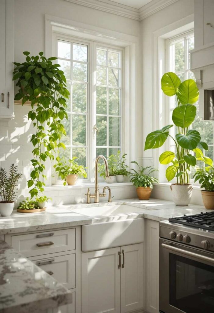 White kitchen filled with natural light, trailing plants, and a herb garden on the windowsill
