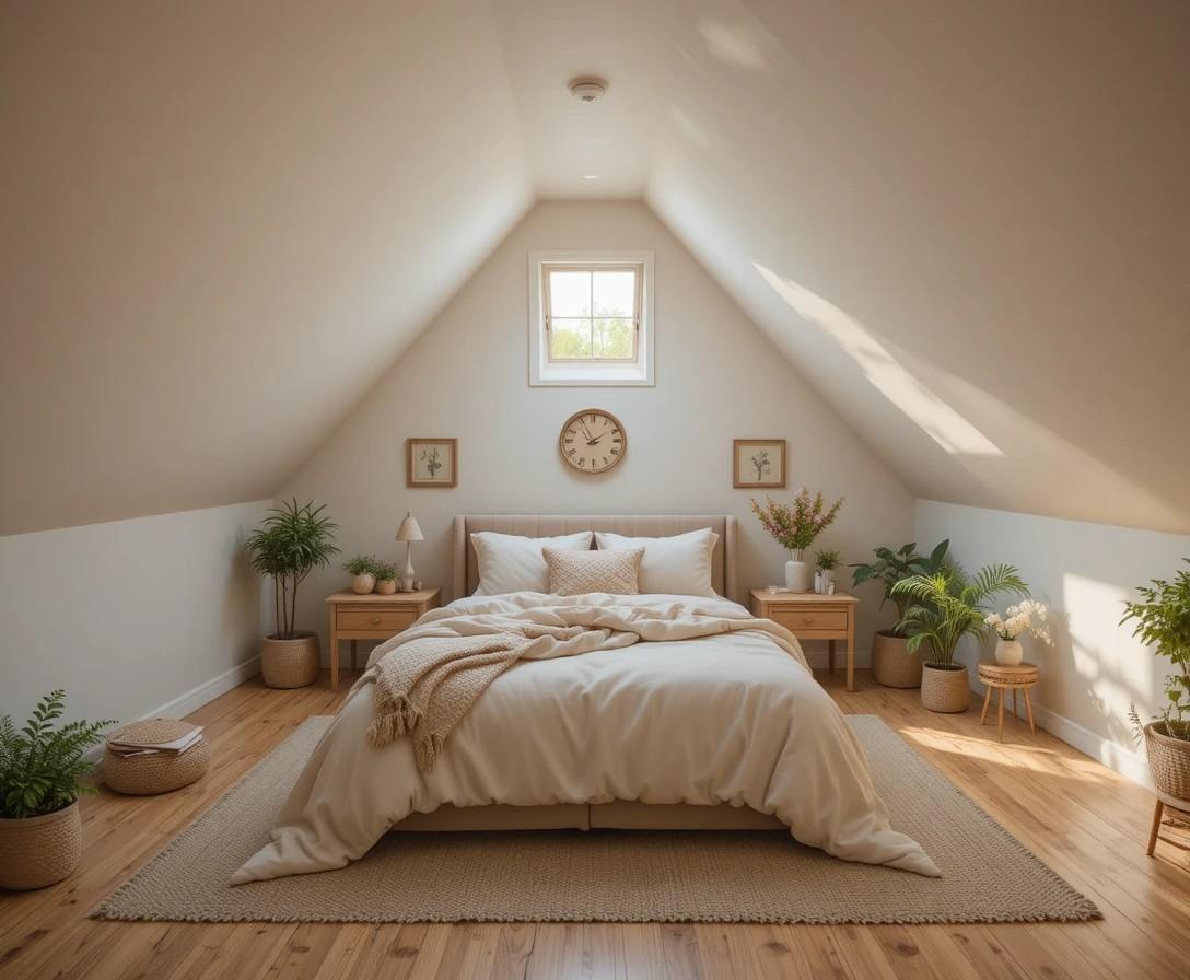 Dreamy attic bedroom transformation with sloped ceilings skylight cozy reading nook and warm natural light