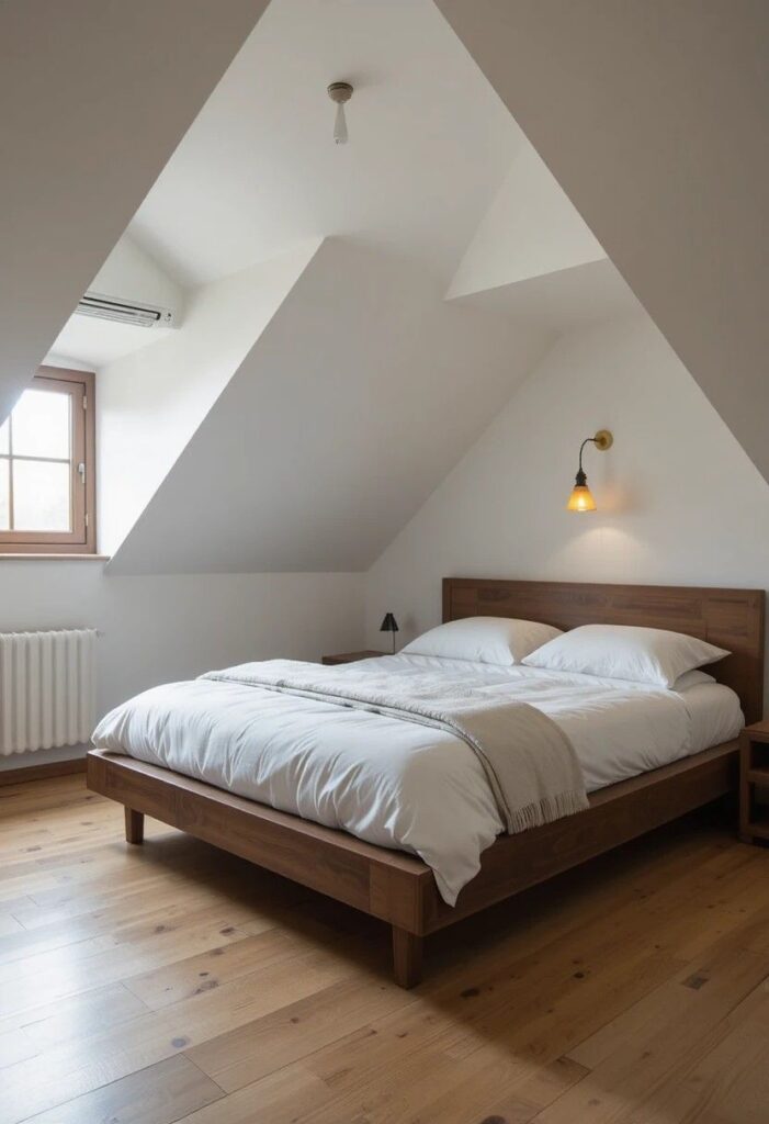 Low platform bed under sloped attic ceiling with white linen bedding and warm pendant light
