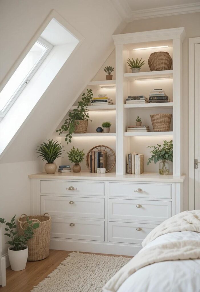 White built-in shelves fitted into attic corner angles with plants and warm LED lighting