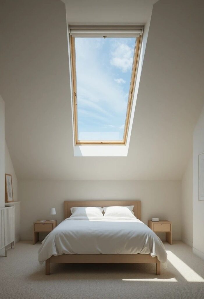 Attic bedroom skylight above bed with soft natural light and sheer linen shade
