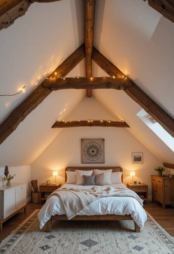 Exposed wood beams in attic bedroom with Edison string lights and white walls