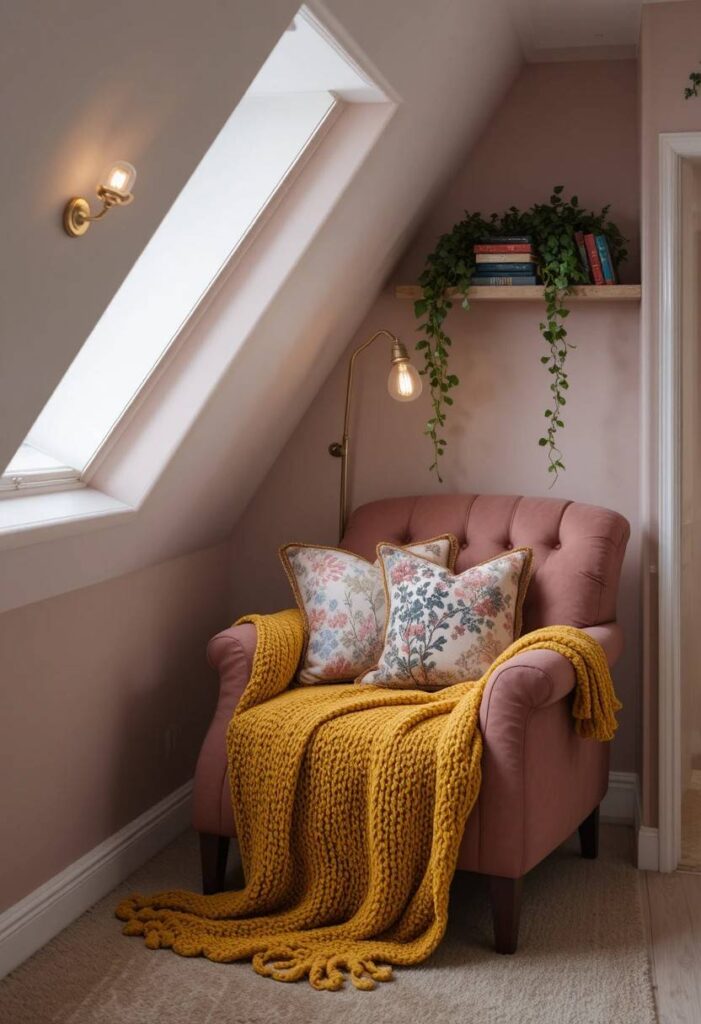 Cozy attic reading nook under eaves with armchair chunky throw and warm wall sconce