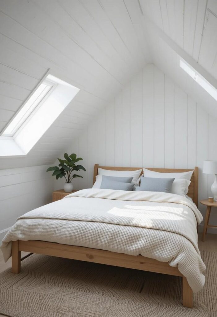 Minimalist Scandinavian attic bedroom with white shiplap walls linen bedding and fiddle leaf fig
