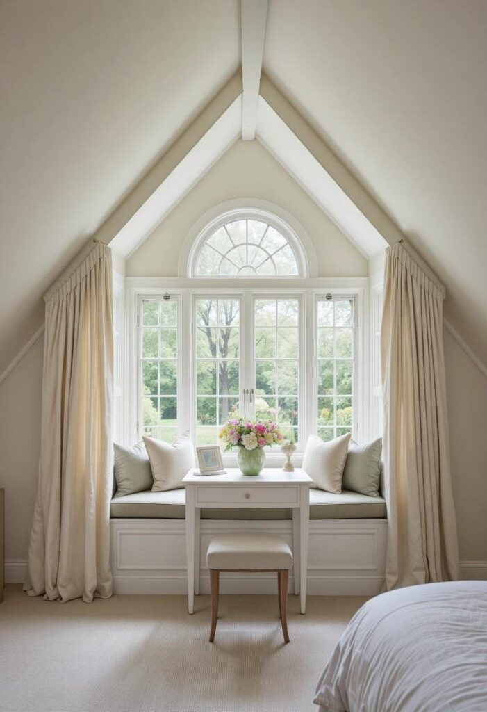 Attic dormer window with ivory curtains vanity desk and padded window seat in natural light