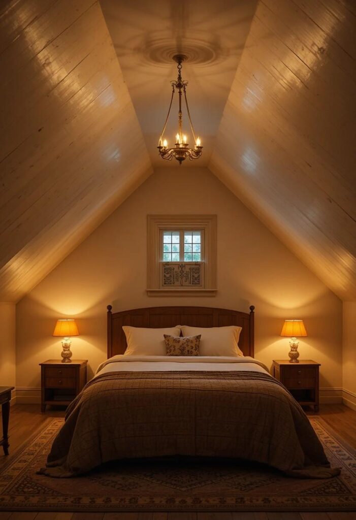 Layered lighting in attic bedroom with chandelier table lamps and floor lamp at evening