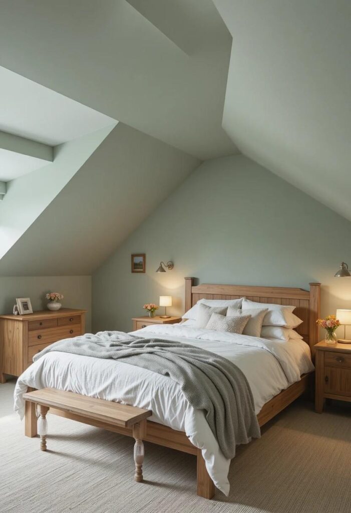 Attic bedroom with dusty sage green painted sloped ceiling white walls and natural wood furniture