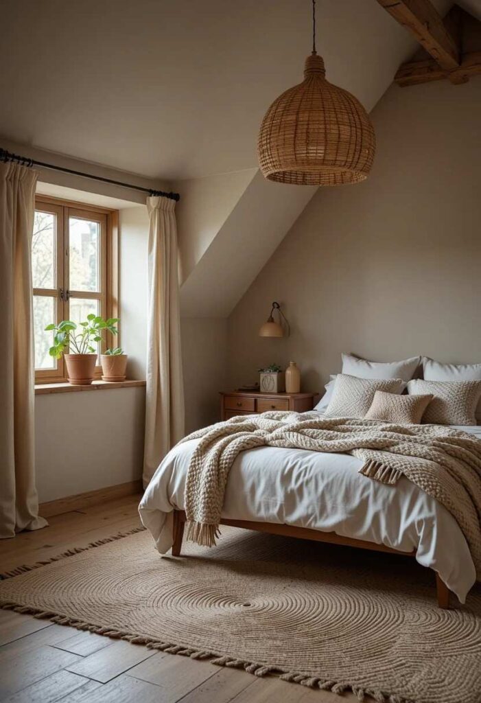 Attic bedroom with earthy textures including jute rug rattan light linen curtains and pothos plant