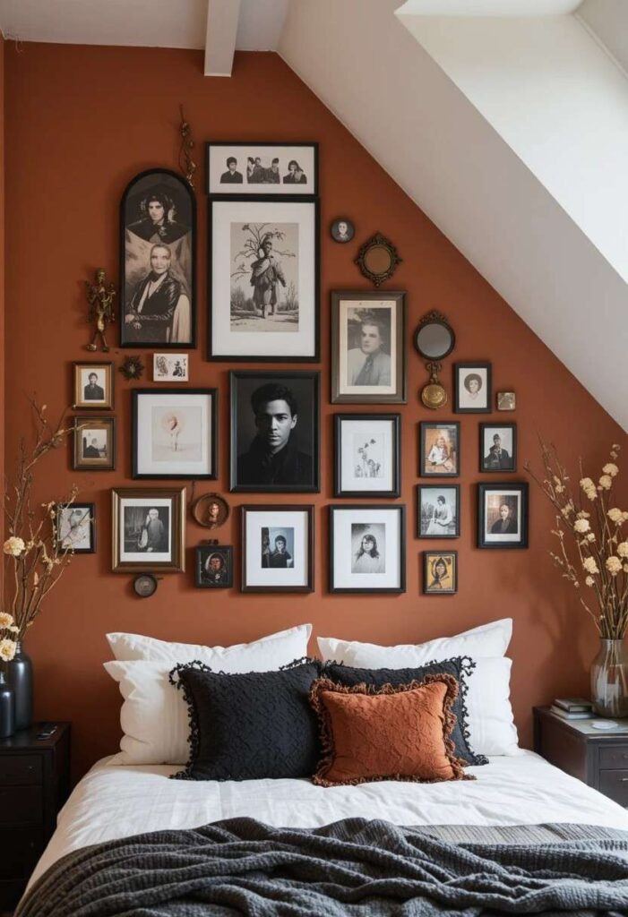 Attic bedroom gallery wall with framed prints mirrors dried botanicals and personal photos