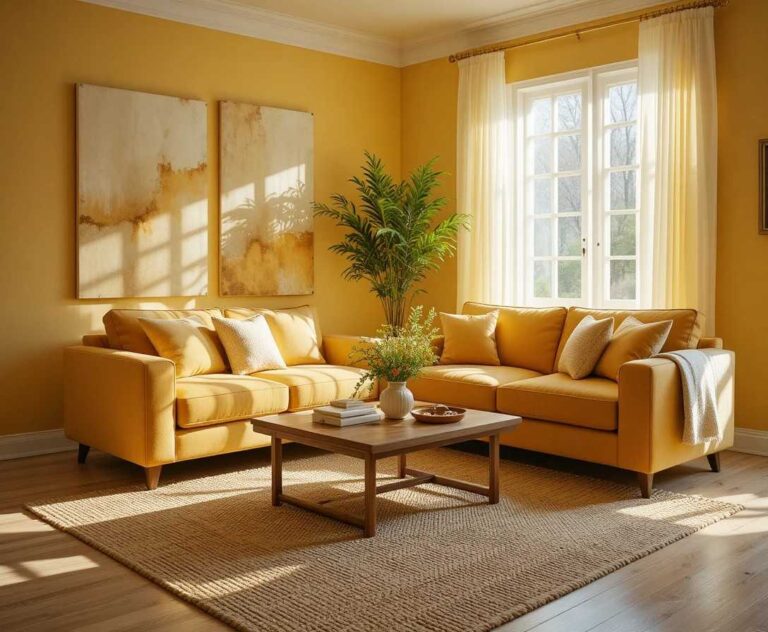 Warm and inviting yellow living room with mustard sofa cream pillows indoor plant and golden sunlight through sheer curtains