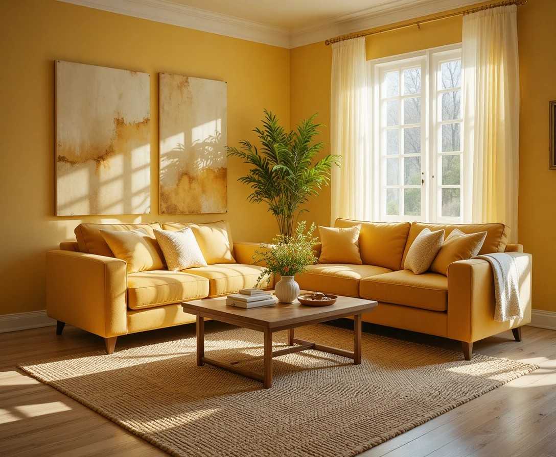 Warm and inviting yellow living room with mustard sofa cream pillows indoor plant and golden sunlight through sheer curtains