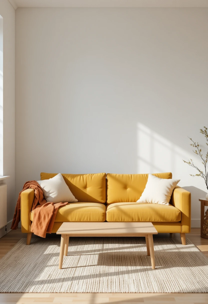 Mustard yellow velvet sofa with ivory pillows and rust throw blanket in a bright white living room