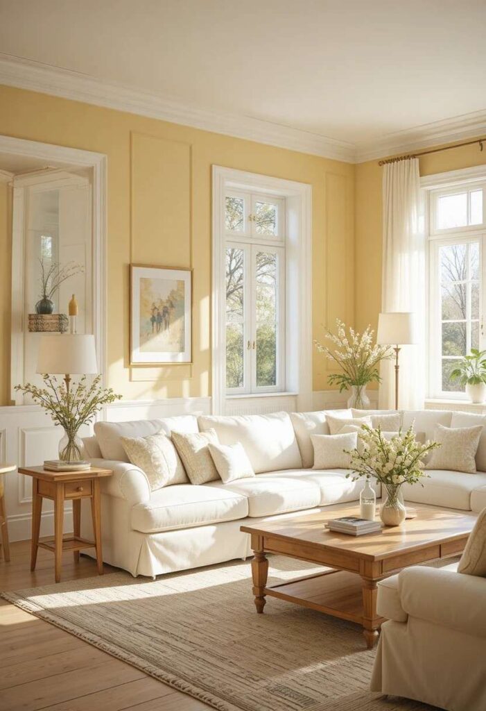 Cozy living room with soft butter yellow matte walls white trim and natural wood furniture in warm morning light