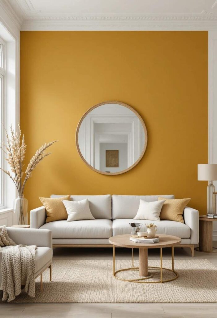 Deep golden yellow accent wall behind grey sofa with round mirror in a modern minimal living room