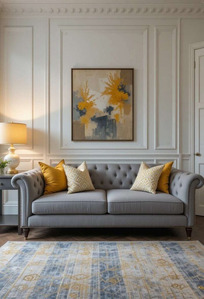 Elegant grey sofa with yellow throw pillows and yellow table lamp in a stylish yellow and grey living room
