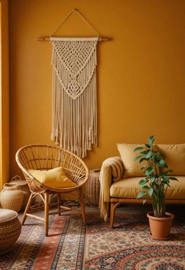 Boho living room with mustard yellow walls rattan furniture macrame wall art and trailing plant in terracotta pot