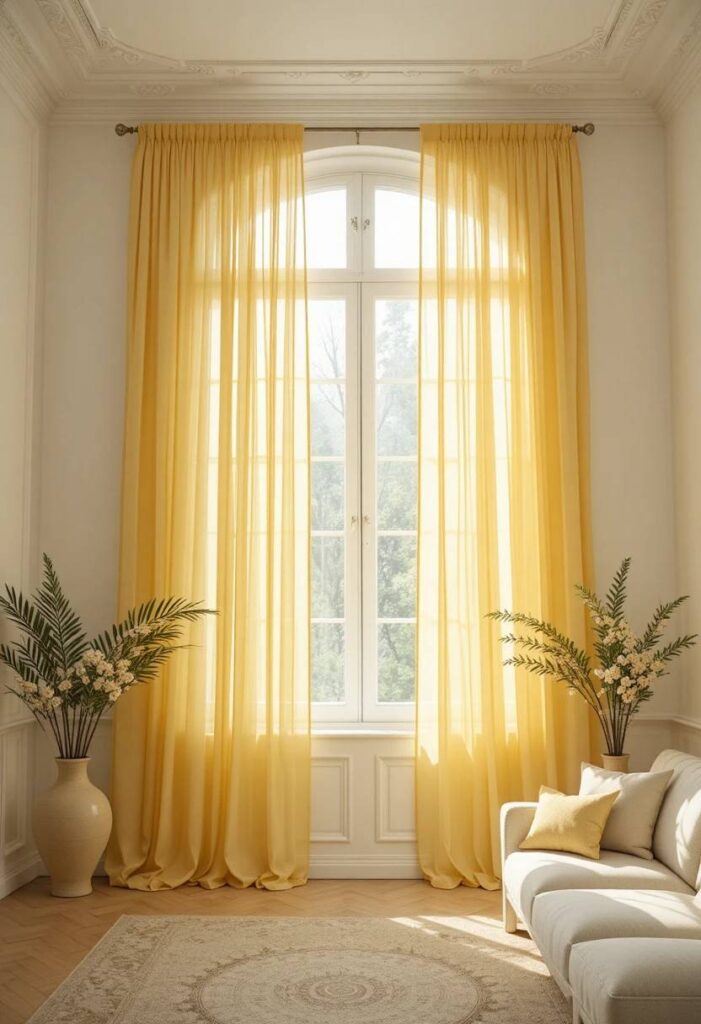 Sheer lemon yellow floor to ceiling curtains filtering golden sunlight into a bright airy white living room