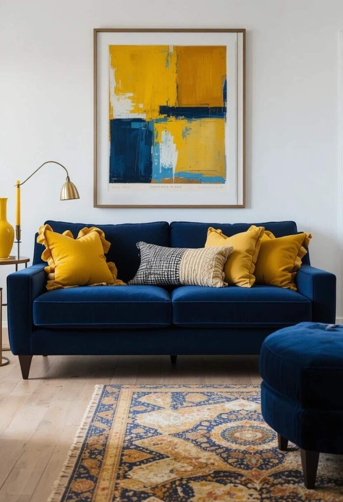 Navy blue sofa with yellow throw pillows and navy yellow geometric rug in a bold sophisticated living room