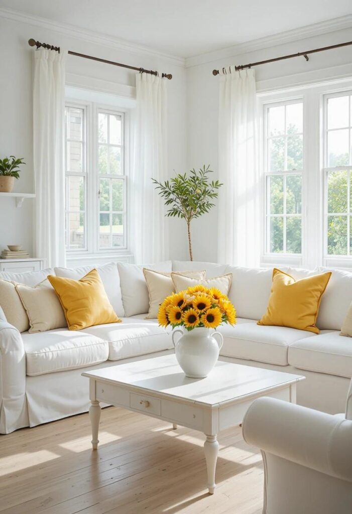Fresh white living room with yellow cushions sunflowers in white vase and sheer curtains in Scandinavian style