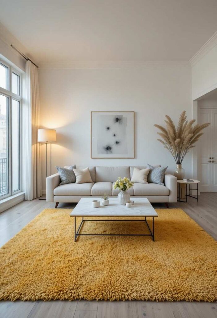 Large textured mustard yellow rug anchoring grey sofa and white coffee table in a clean modern living room