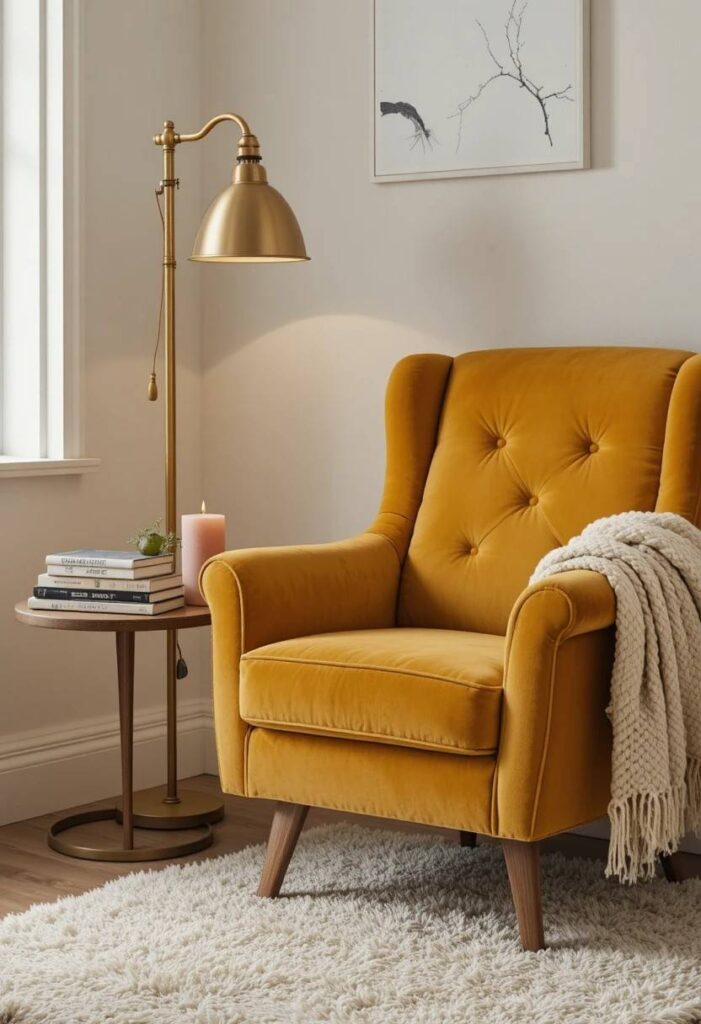 Golden yellow velvet armchair with brass floor lamp books and chunky knit throw in a cozy living room corner