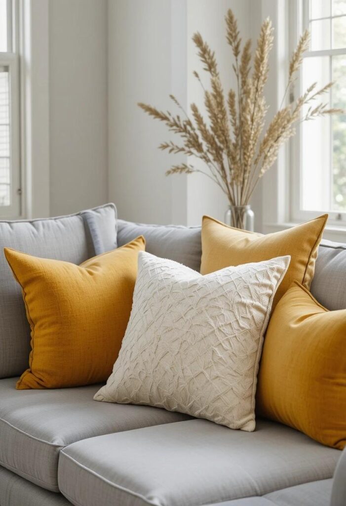 Grey sofa with five mixed yellow throw pillows in lemon gold and mustard shades in a bright neutral living room