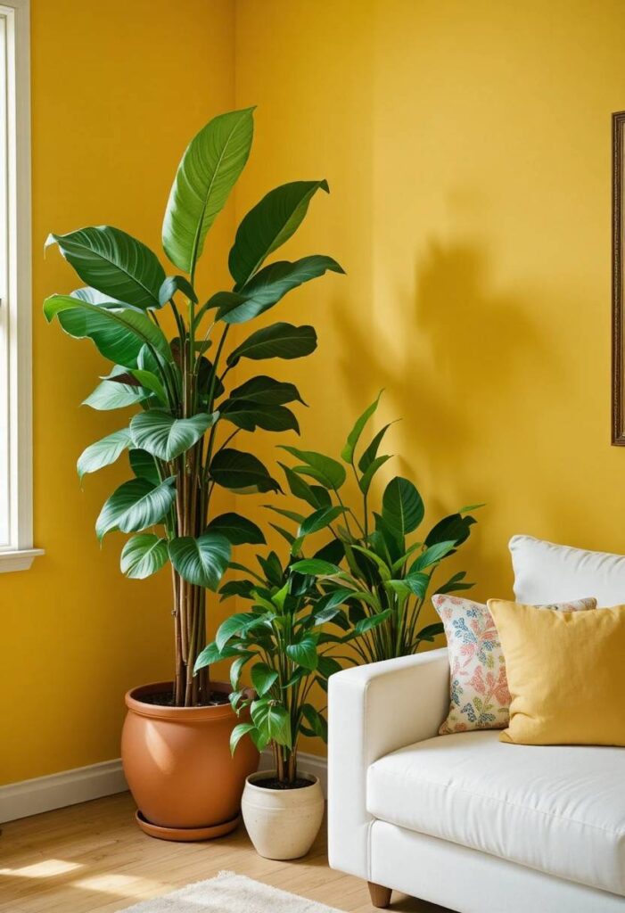 Yellow living room wall with white sofa and group of three indoor plants including fiddle leaf fig and pothos
