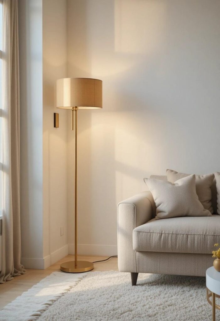 Golden brass floor lamp casting warm yellow glow across neutral beige sofa and white walls in a cozy evening living room