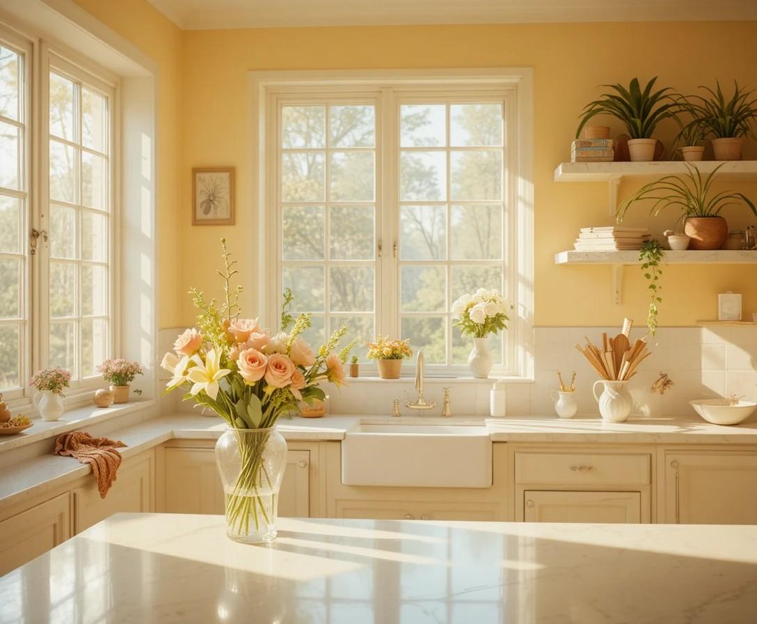 Bright yellow kitchen with white countertops and morning sunlight creating a warm and cheerful cooking space