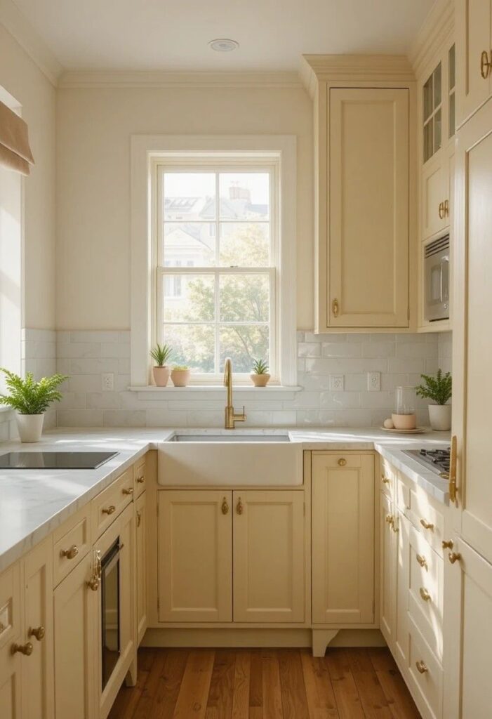 Soft butter yellow matte kitchen cabinets paired with white marble countertops and brass handles in a cozy vintage style kitchen