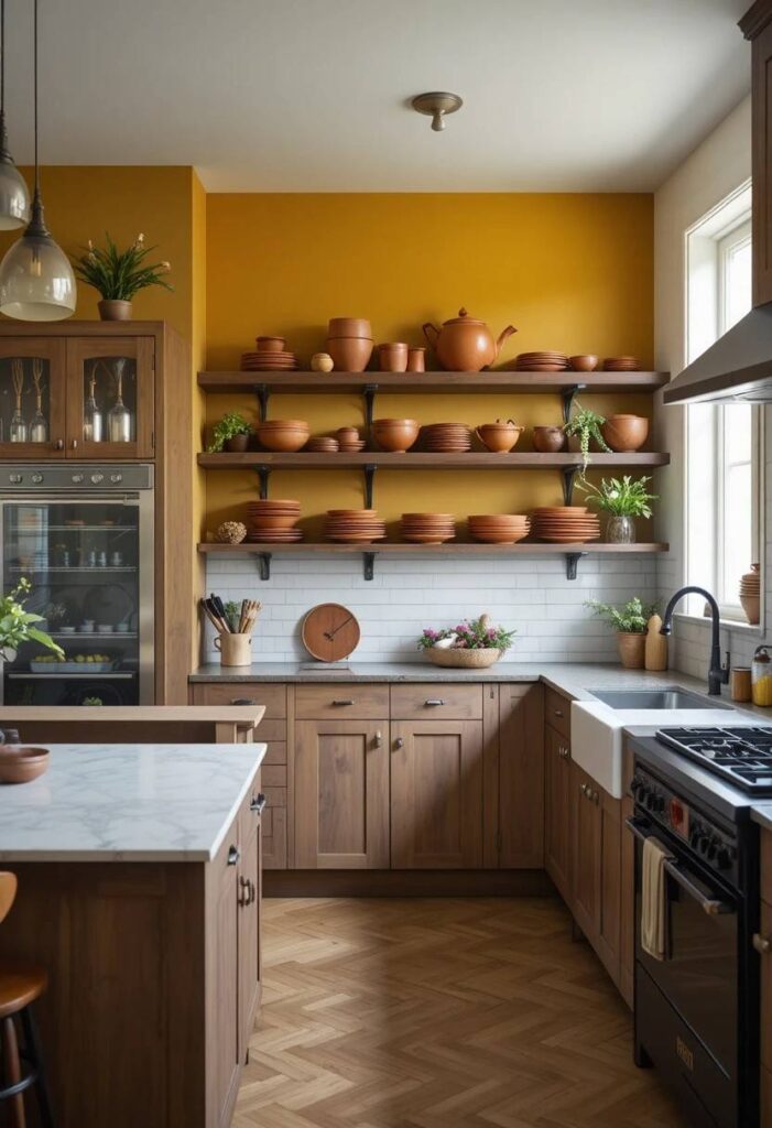 Bold mustard yellow accent wall in kitchen with dark wood open shelves black fixtures and terracotta ceramics for a warm earthy look