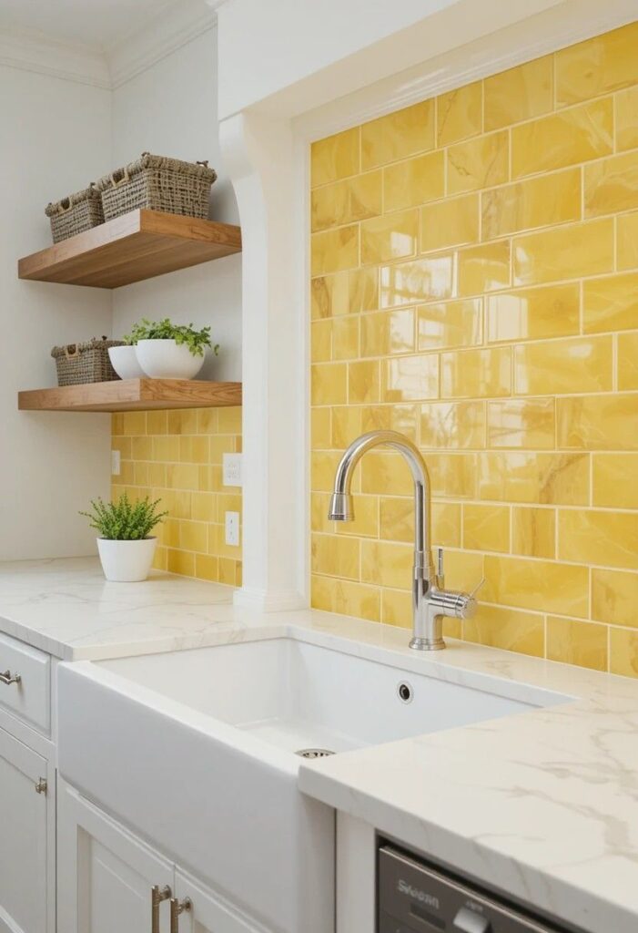 Glossy lemon yellow subway tile backsplash with white grout behind a farmhouse sink in a bright fresh kitchen
