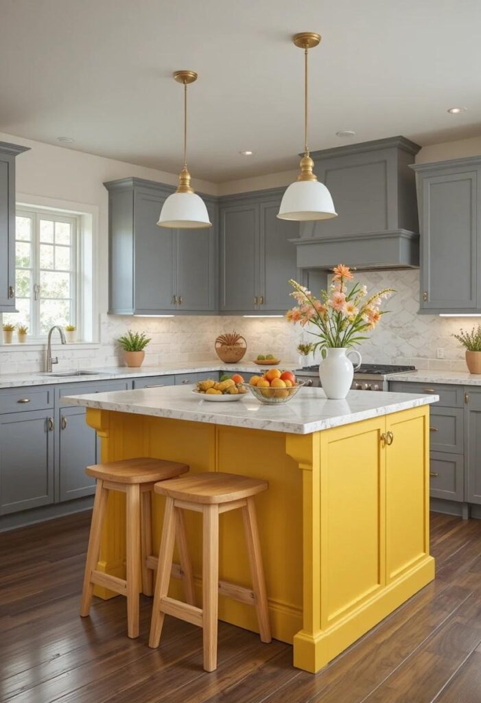 Sunflower yellow kitchen island with wooden stools in a modern white kitchen, a bright and stylish Yellow Kitchen Idea.