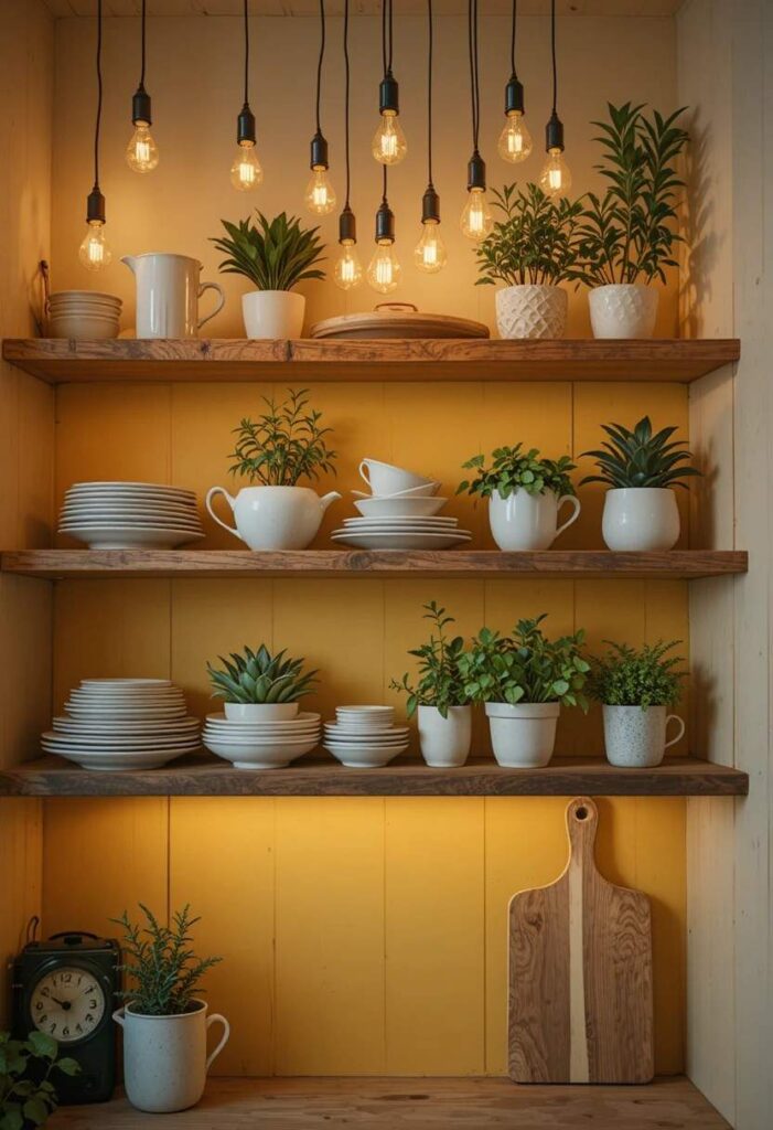 Warm golden yellow shelves with Edison bulbs and greenery create a cozy Yellow Kitchen Idea.