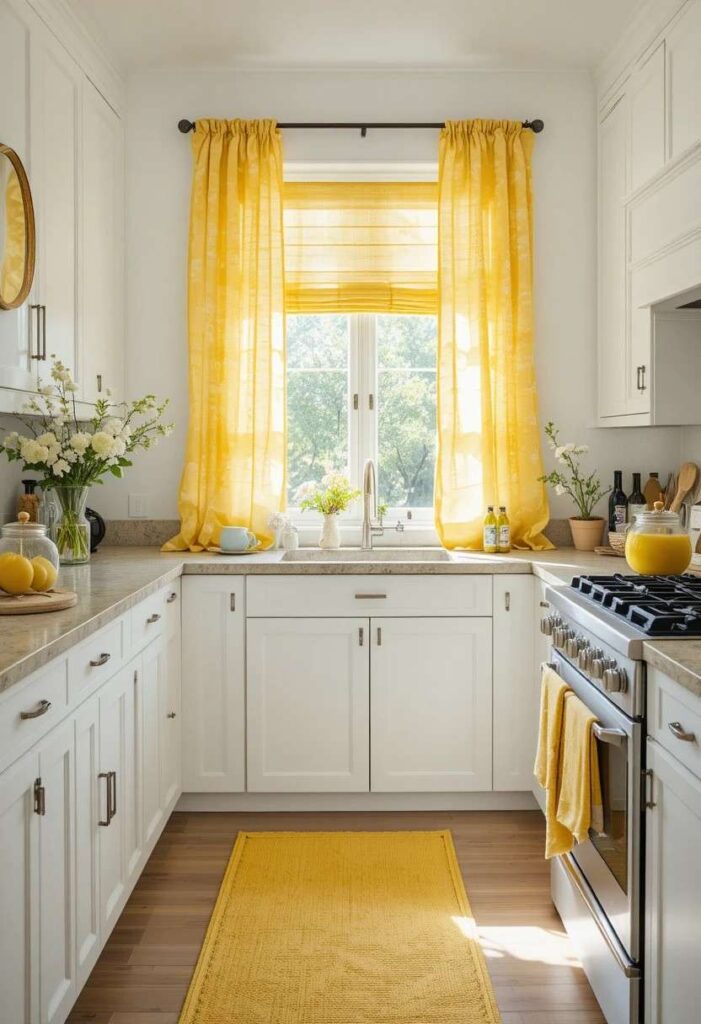 White kitchen with lemon yellow curtains mustard runner rug and butter yellow dish towels layered for a warm cozy textile look