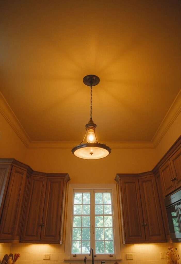 Kitchen with warm golden yellow painted ceiling white walls and natural wood cabinets creating a cozy intimate evening atmosphere