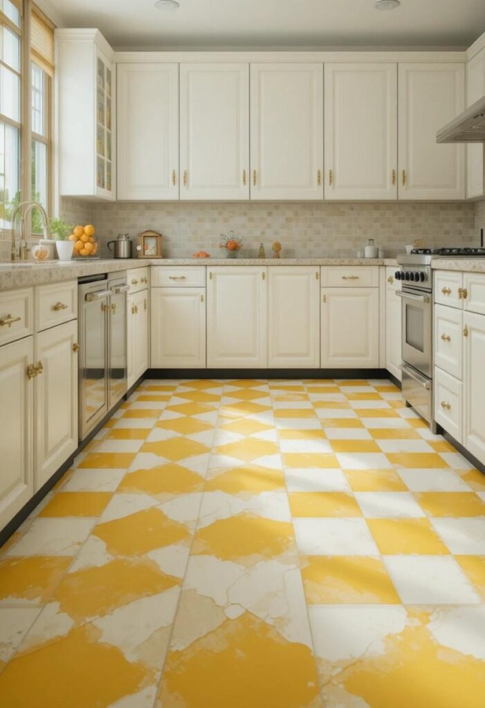 Yellow and white checkered kitchen floor with white shaker cabinets and brass hardware in a cheerful retro vintage kitchen style