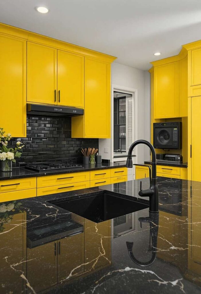 Canary yellow kitchen cabinets with matte black granite countertops and black hardware creating a bold modern high contrast kitchen look