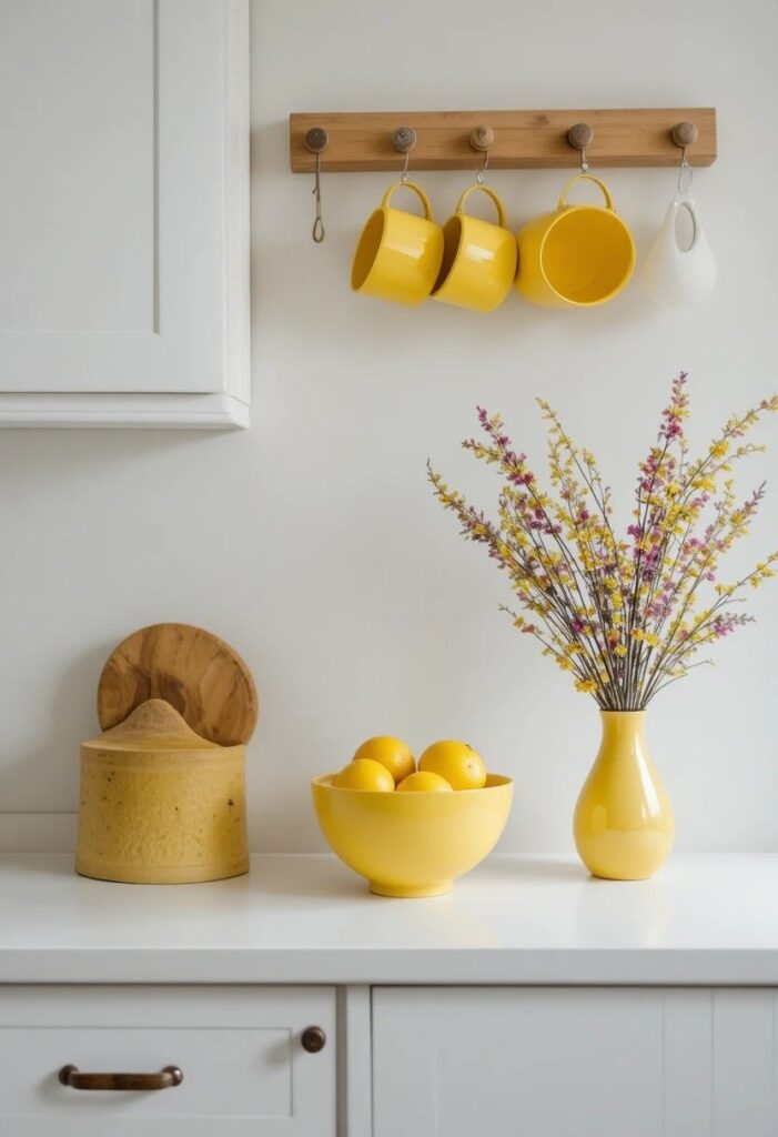 White kitchen countertop styled with lemon yellow stand mixer ceramic bowl golden mugs and yellow vase grouped together for a cheerful pop of color