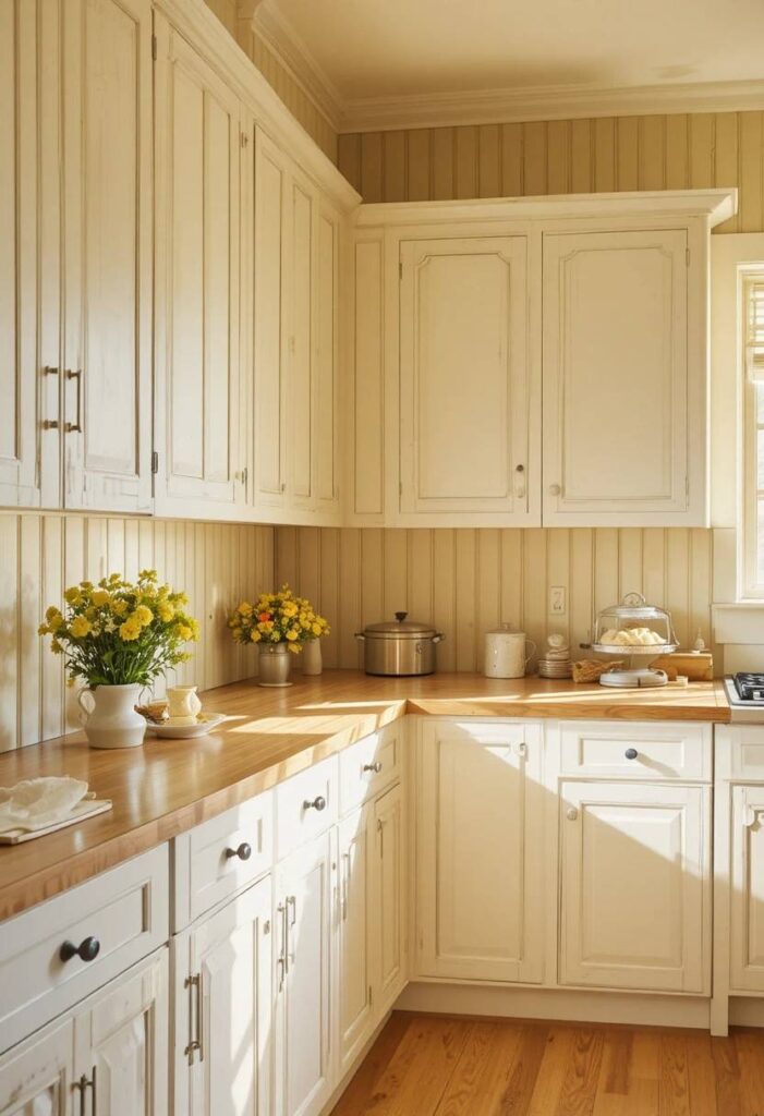 Creamy yellow beadboard kitchen walls with white upper cabinets and wood countertop in a warm charming farmhouse cottage style kitchen