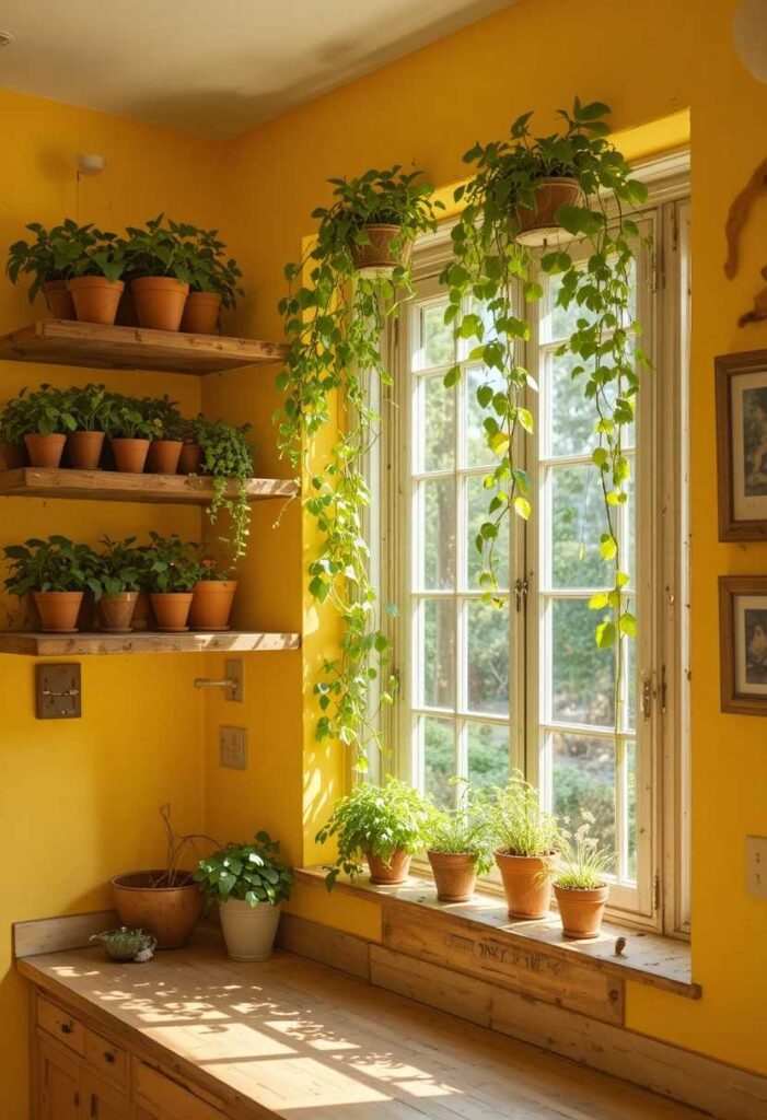 Yellow kitchen walls with natural wood shelves trailing green plants and a herb garden on the windowsill creating an organic earthy nature inspired cooking space