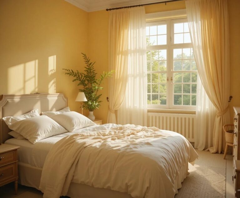 Yellow bedroom ideas with soft walls and white bedding in warm morning light