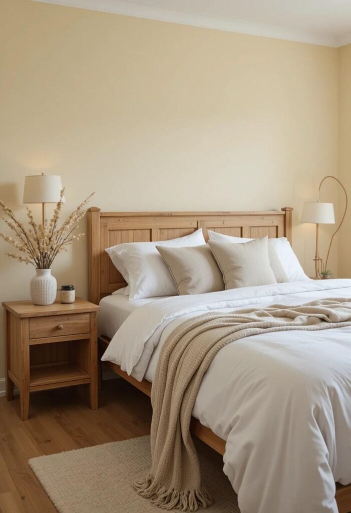 Soft butter yellow bedroom walls paired with white bedding and natural wood furniture