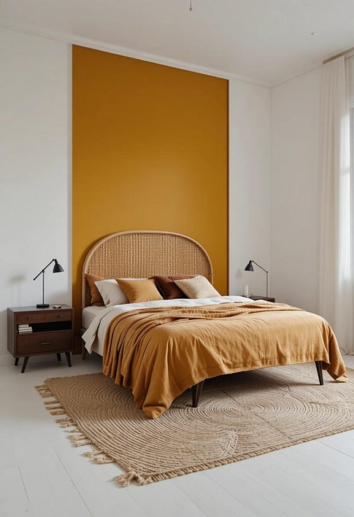 Mustard yellow accent wall bedroom with rattan headboard and earthy boho decor