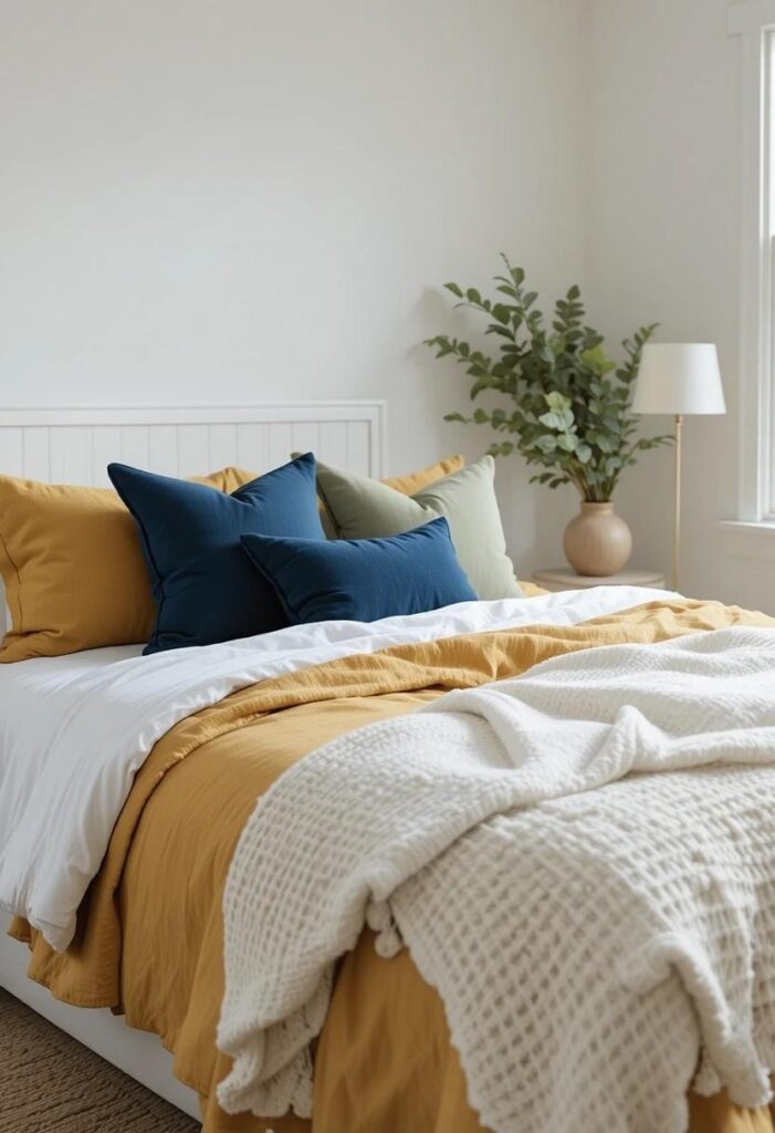 Yellow bedding on white bedroom walls with layered linen textures and colorful throw pillows
