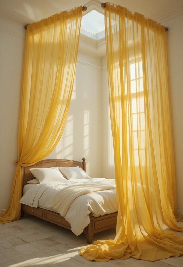 Golden yellow floor to ceiling curtains glowing with warm sunlight in a cozy bedroom